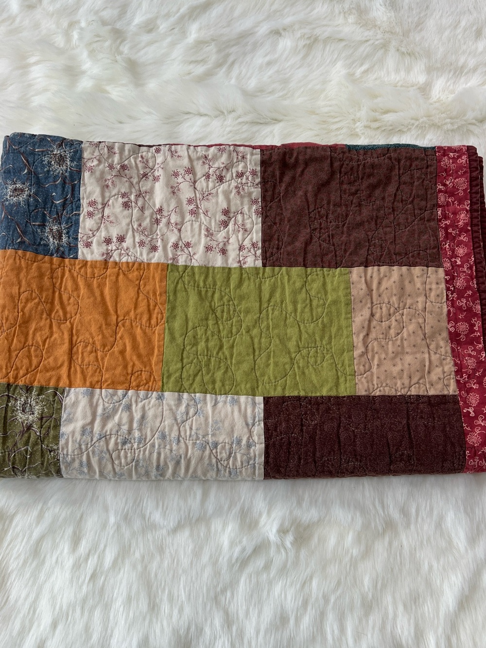 Hand crafted quilt patchwork  cottage core Farmhouse. Throw 50”x 68”